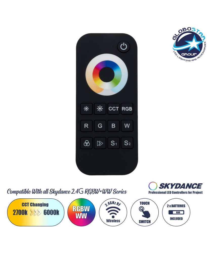 GloboStar® 73009 RT5 SKYDANCE Ασύρματο Χειριστήριο Αφής RF 2.4Ghz 1 Group για όλα τα RGBW+WW SKYDANCE Controller  DC 3V 2 x AAA - IP20 Μαύρο Μ5.3 x Π1.75 x Υ12.2cm - 5 Years Warranty